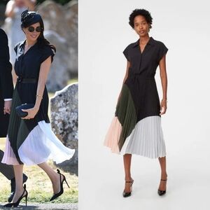 Club Monaco Shoanah Dress - Meghan Markle Black & Navy Pleated Colorblock Midi